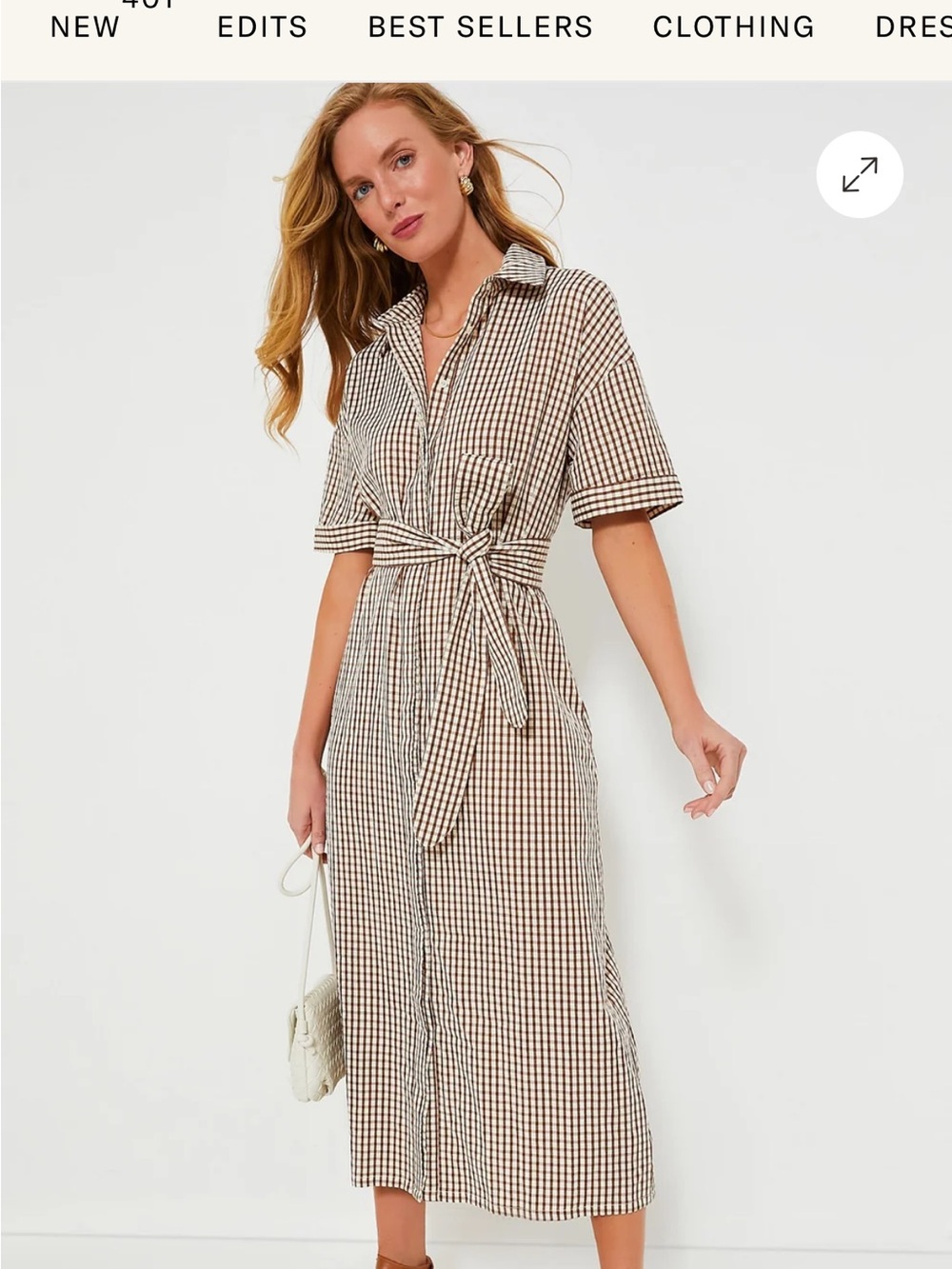 Tuckernuck Beige and Brown Gingham Midi Shirt Dress with Tie Waist